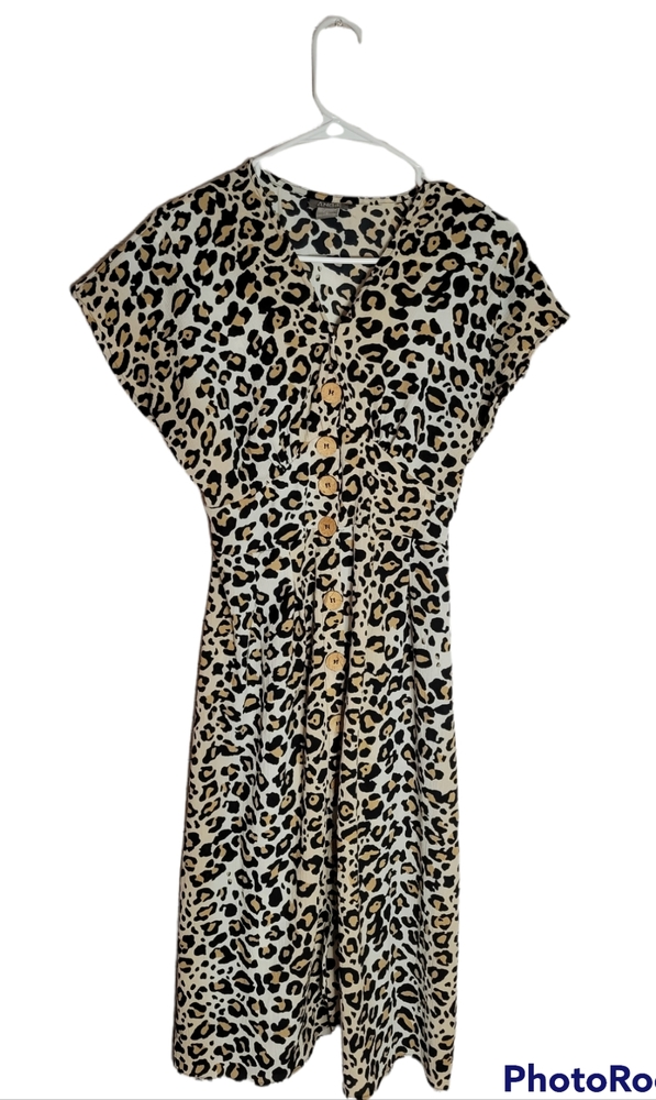 Angie cheetah animal print small unique button midi shirt dress tan brown black
